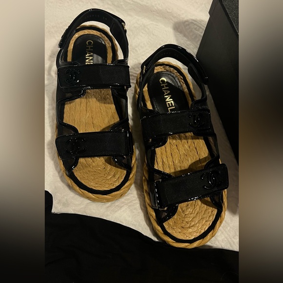 LOGO CHANEL Dad Sandals 22P Black Raffia Mesh Leather Shoes CC Logo Flats Size39 - Picture 5 of 16